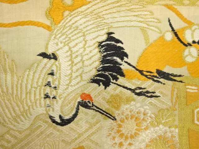  アンティーク　鶴に古楽器模様織り出し袋帯（材料）